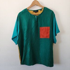 Vintage Womens 90s Carol Little 100% Silk Short Sleeve Flowy Top 14 Colorblock